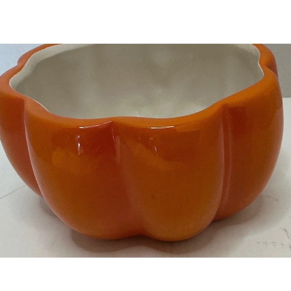 Hand Painted Earthenware Pumpkin Bowl Orange Scalloped Fall Decor 6 Inch